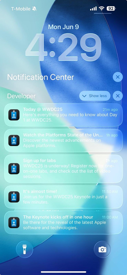 Notification center on iOS 26 with accessibility issues